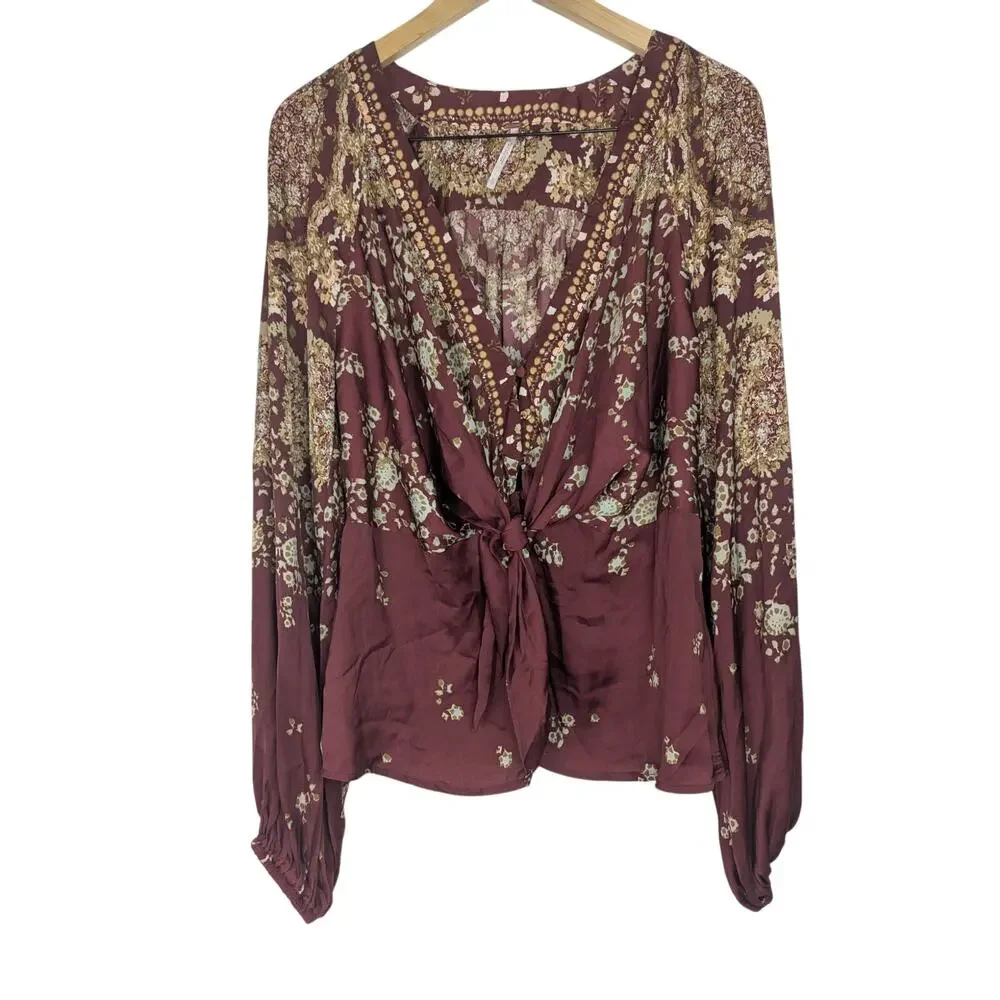 Free People Run Free Floral Tie Button Front Long Sleeve Blouse Boho